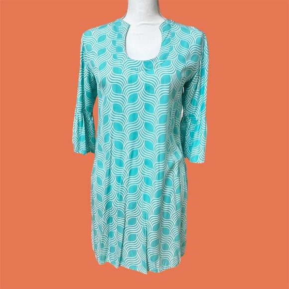 Escapada Turquoise & White Patterned Rayon Summer Dress 3/4 Bell Sleeves Sz S - Picture 1 of 9